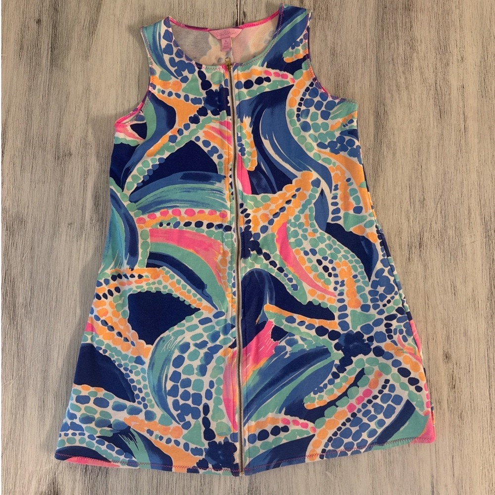 Lilly Pulitzer Girls XL 12-14 Front Zip Sleeveless Dress Abstract Starfish Print
